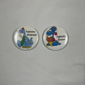 Dino Mania Dinosaur Pinback Buttons Blue White Retro Humor Set of 2 Vintage 80s